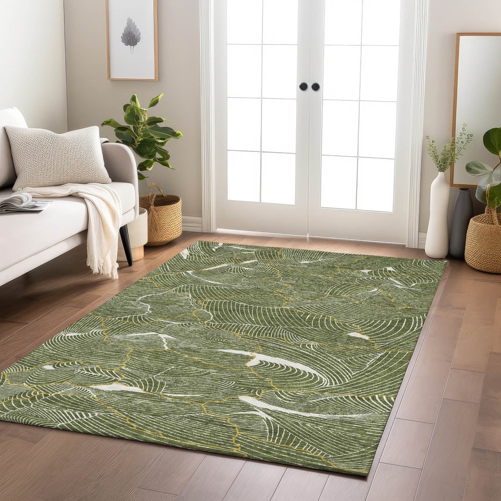 3' X 5' Olive Green Gold And Ivory Abstract Washable Indoor Outdoor Area Rug