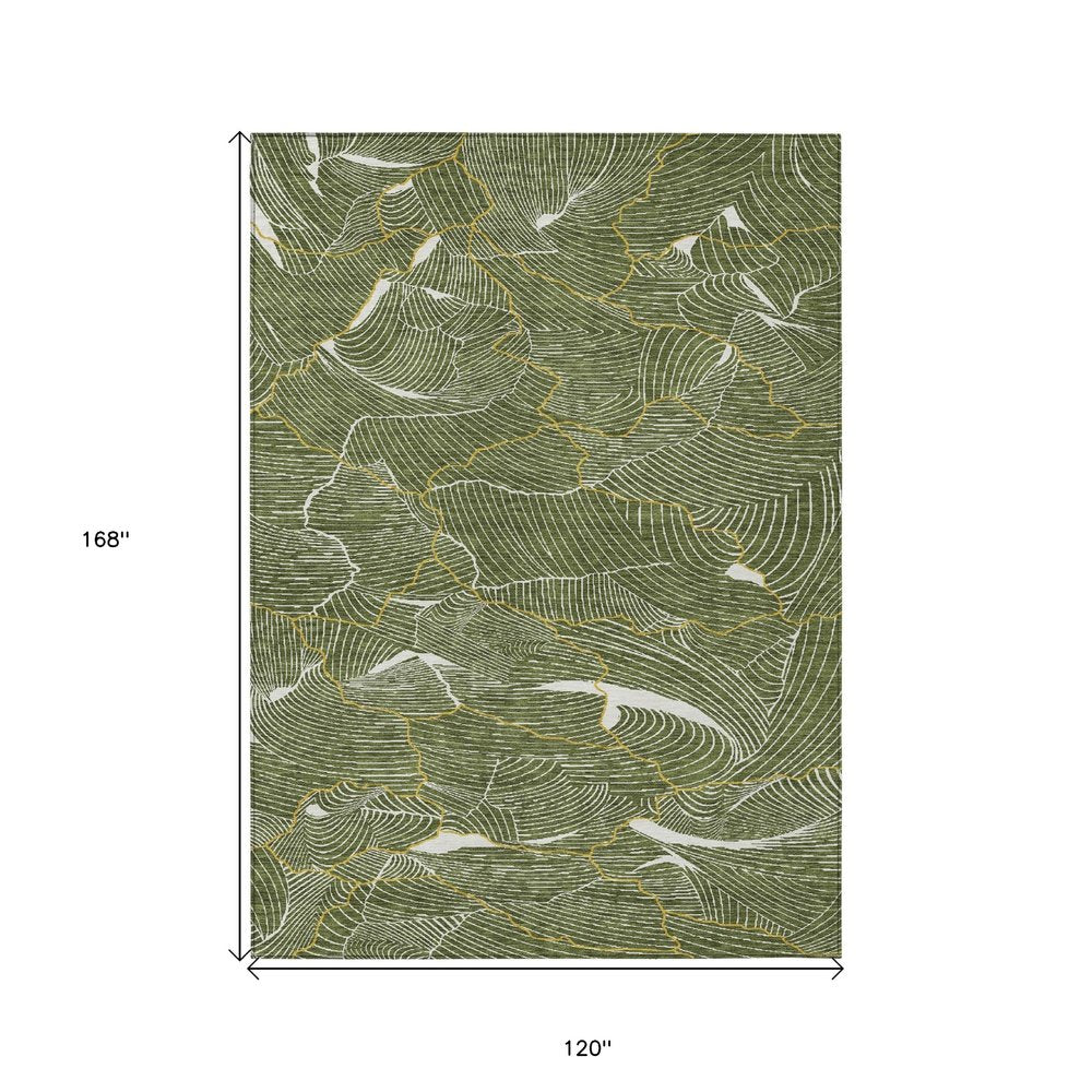 3' X 5' Olive Green Gold And Ivory Abstract Washable Indoor Outdoor Area Rug