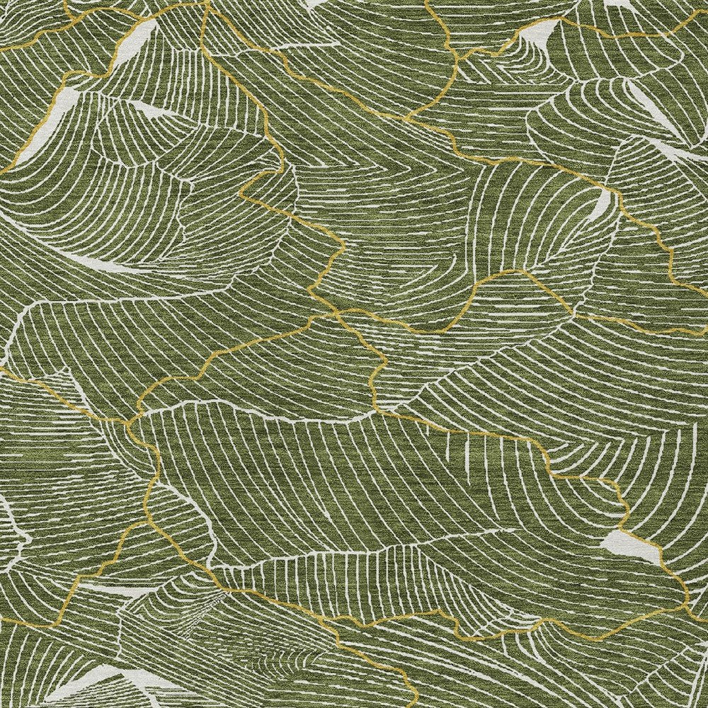 3' X 5' Olive Green Gold And Ivory Abstract Washable Indoor Outdoor Area Rug