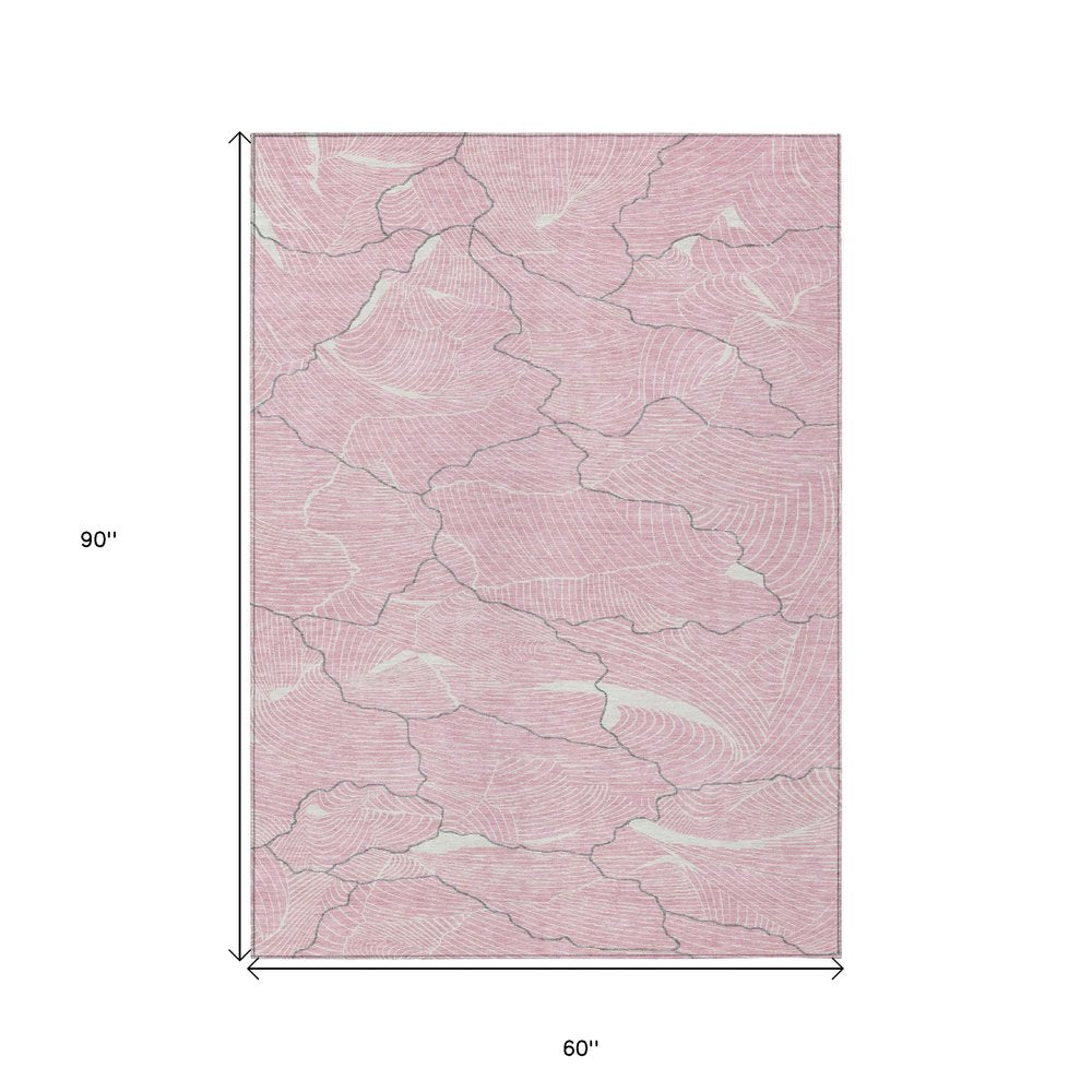 3' X 5' Pink Ivory And Gray Abstract Washable Indoor Outdoor Area Rug