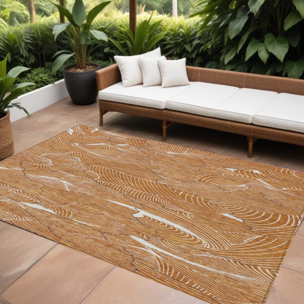 3' X 5' Copper Brown And Ivory Abstract Washable Indoor Outdoor Area Rug