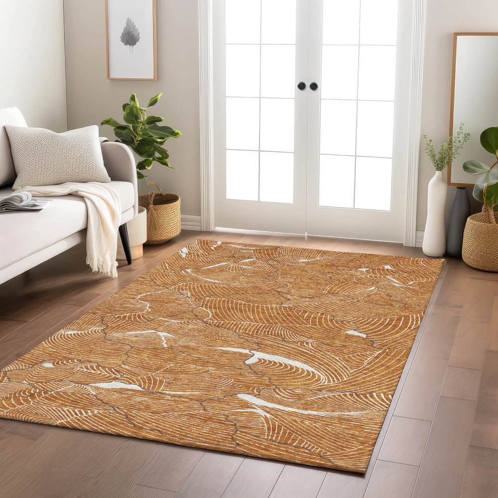 3' X 5' Copper Brown And Ivory Abstract Washable Indoor Outdoor Area Rug
