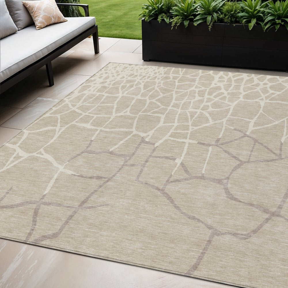 3' X 5' Beige And Tan Abstract Washable Indoor Outdoor Area Rug