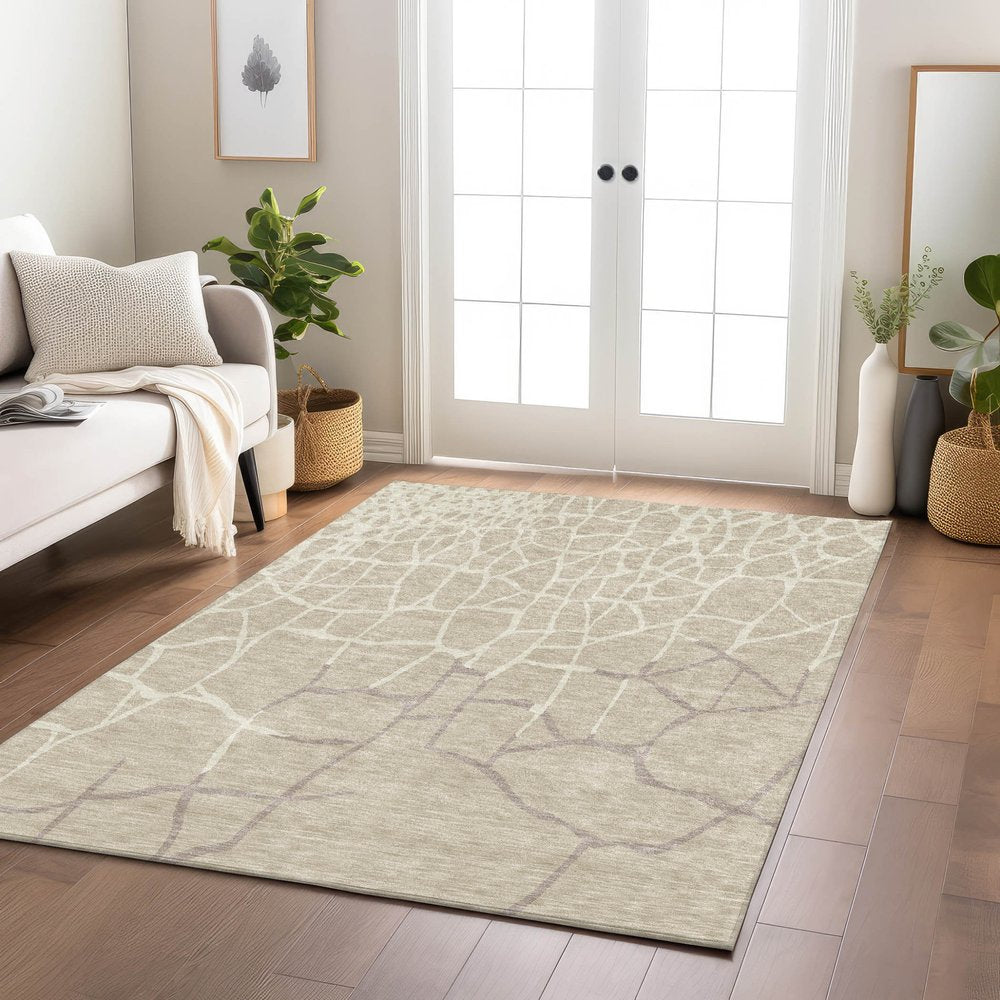 3' X 5' Beige And Tan Abstract Washable Indoor Outdoor Area Rug