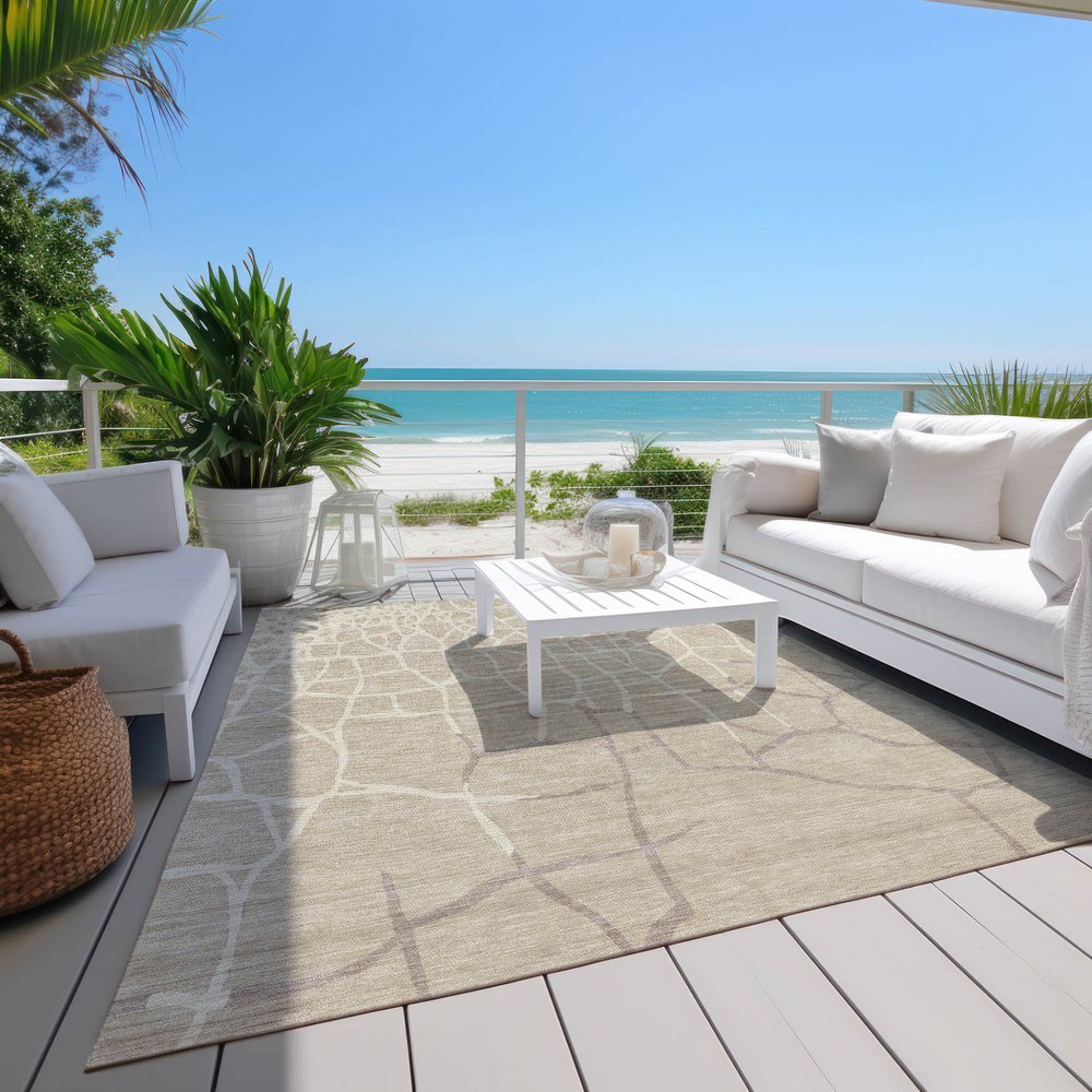 3' X 5' Beige And Tan Abstract Washable Indoor Outdoor Area Rug