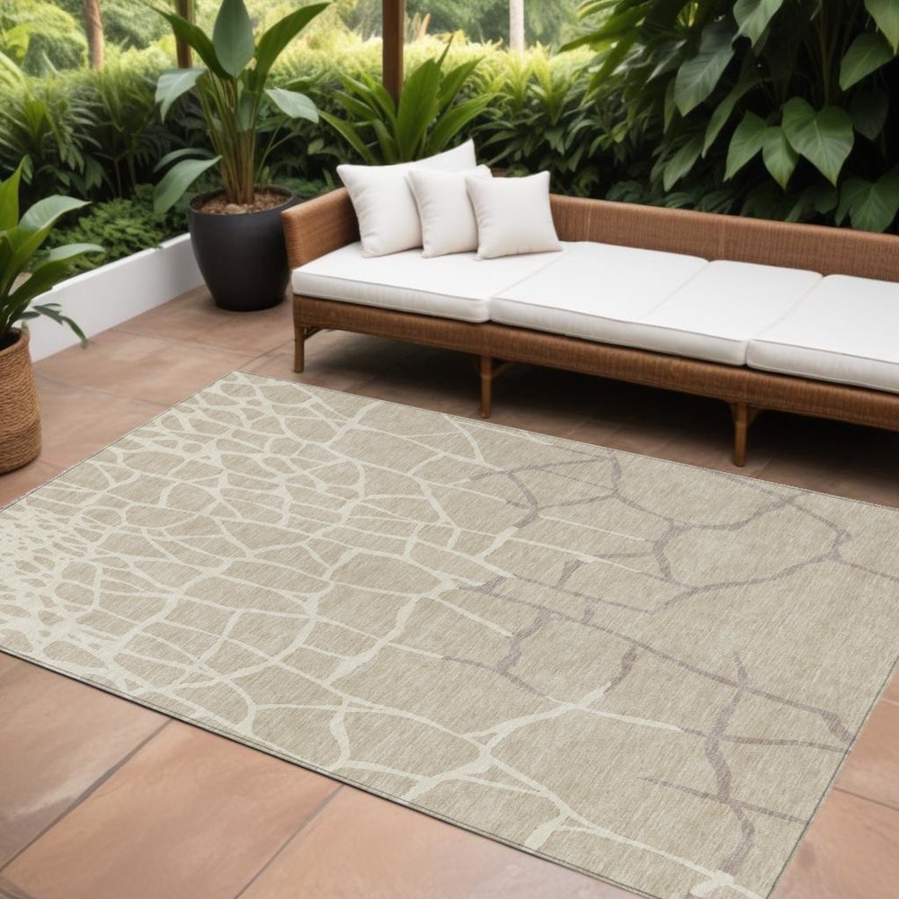 3' X 5' Beige And Tan Abstract Washable Indoor Outdoor Area Rug