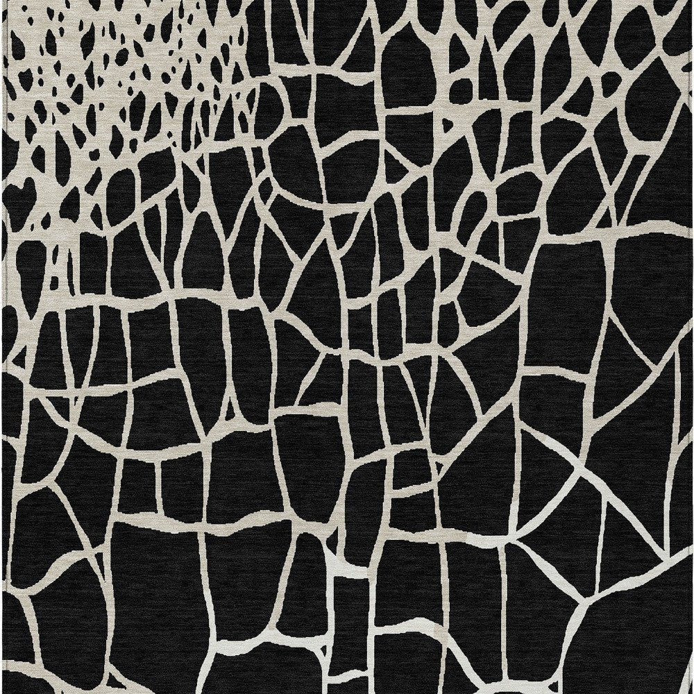 3' X 5' Black And Beige Abstract Washable Indoor Outdoor Area Rug