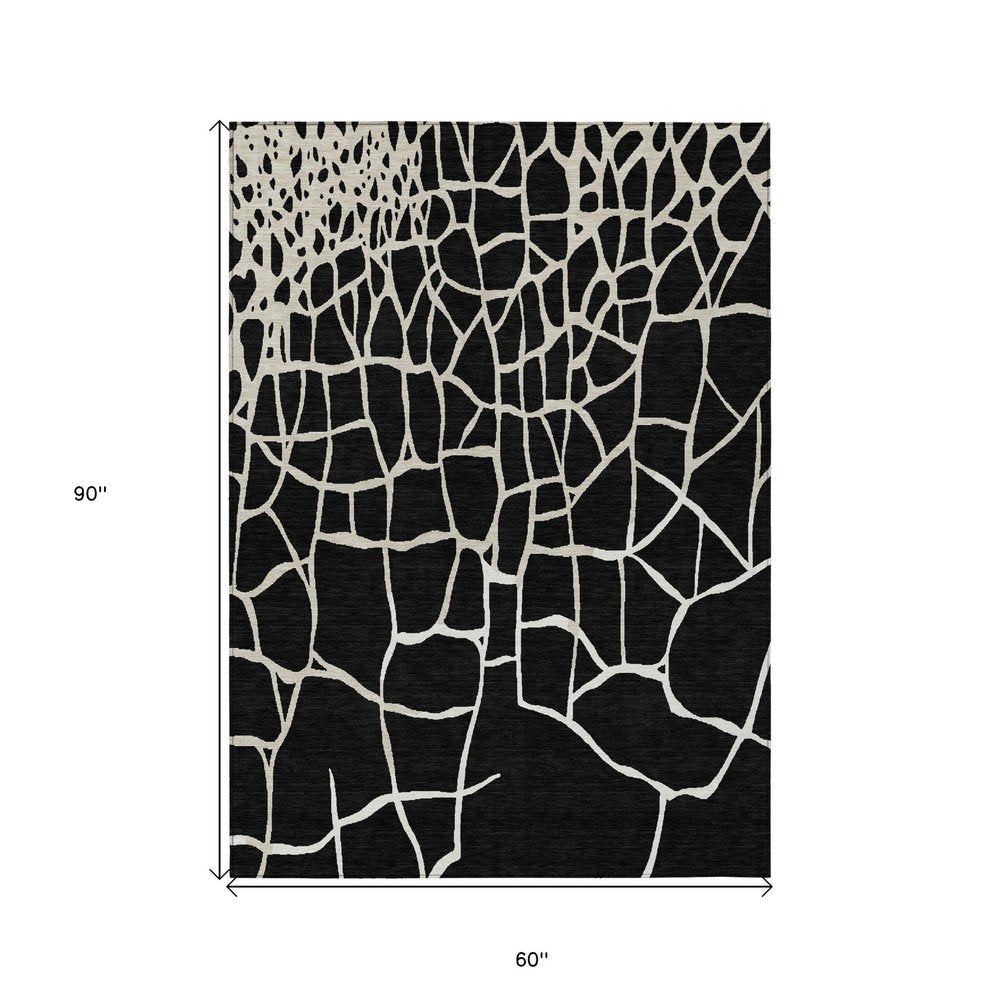 3' X 5' Black And Beige Abstract Washable Indoor Outdoor Area Rug