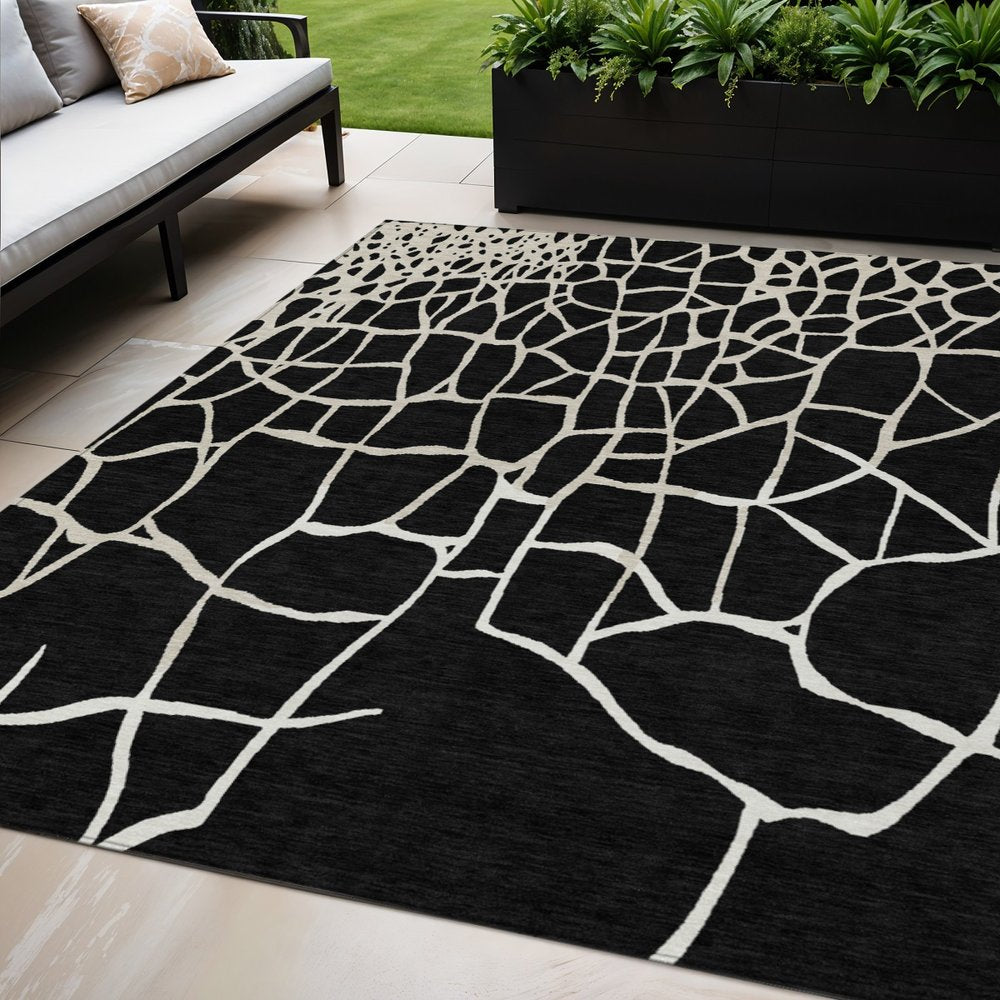 3' X 5' Black And Beige Abstract Washable Indoor Outdoor Area Rug