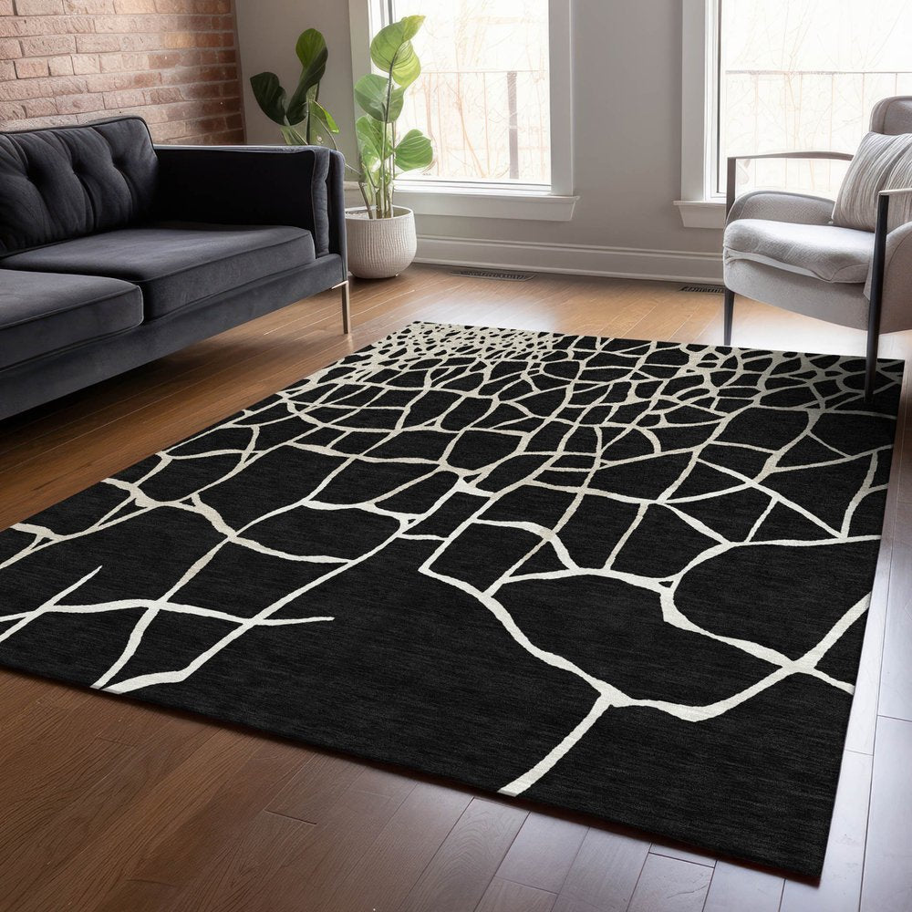 3' X 5' Black And Beige Abstract Washable Indoor Outdoor Area Rug