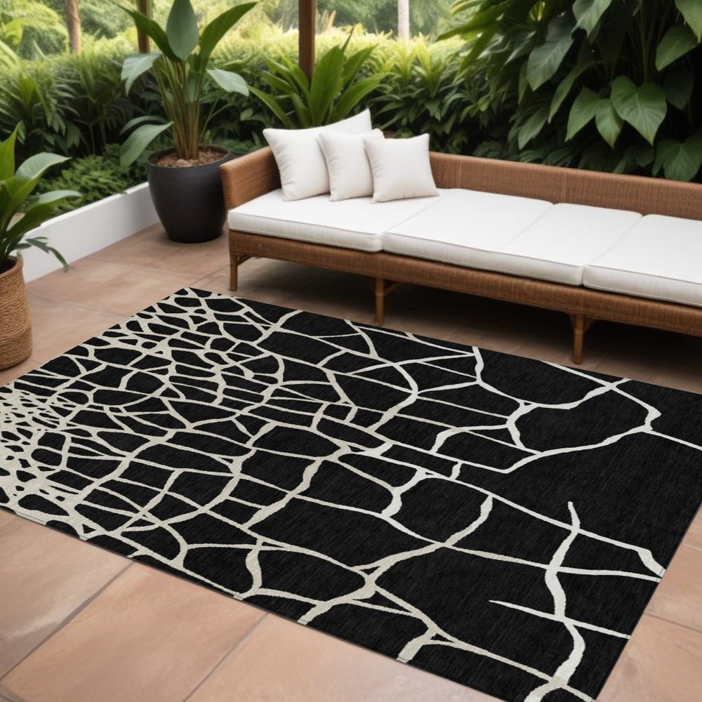 3' X 5' Black And Beige Abstract Washable Indoor Outdoor Area Rug