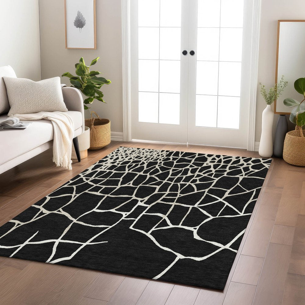 3' X 5' Black And Beige Abstract Washable Indoor Outdoor Area Rug