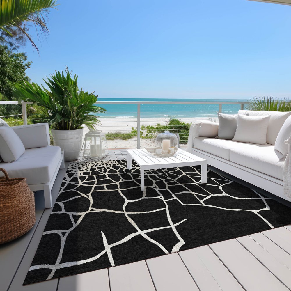 3' X 5' Black And Beige Abstract Washable Indoor Outdoor Area Rug