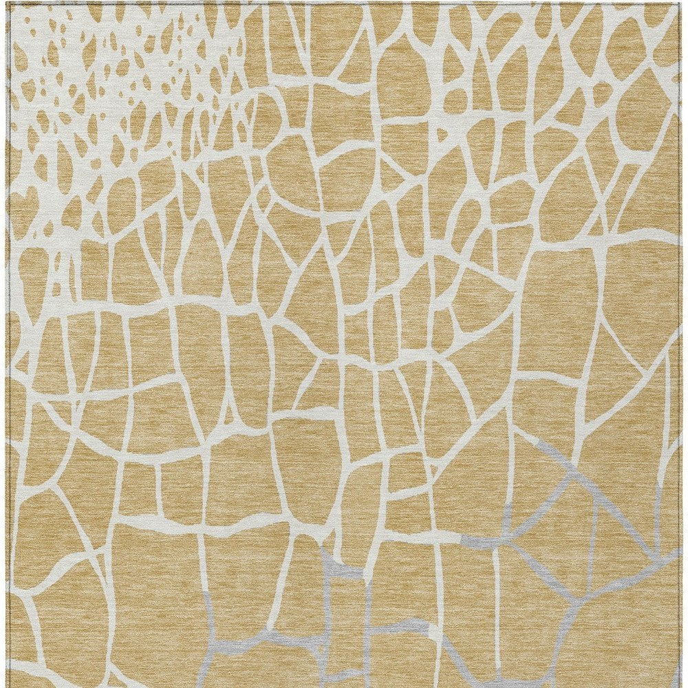 3' X 5' Gold And Beige Abstract Washable Indoor Outdoor Area Rug