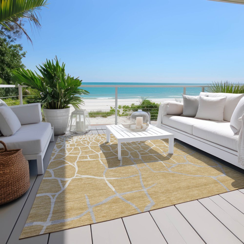 3' X 5' Gold And Beige Abstract Washable Indoor Outdoor Area Rug