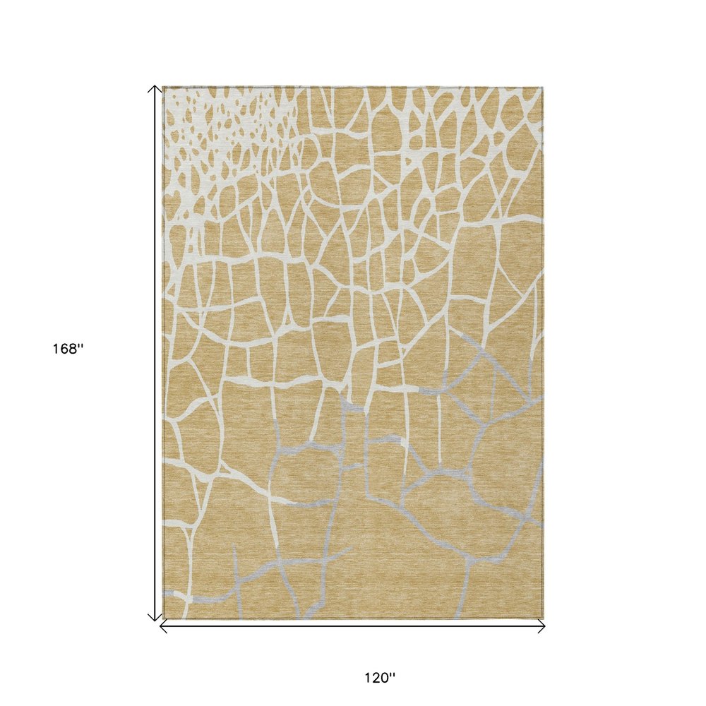 3' X 5' Gold And Beige Abstract Washable Indoor Outdoor Area Rug