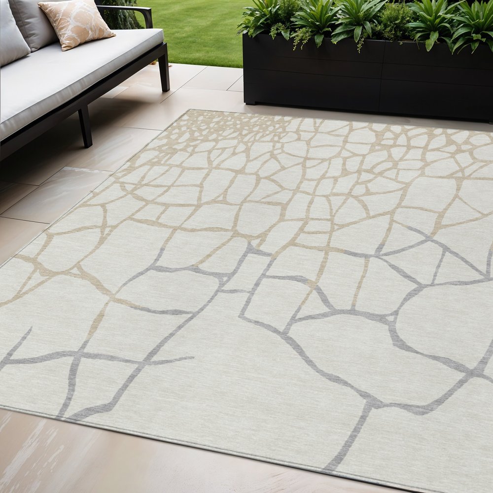 3' X 5' Ivory And Beige Abstract Washable Indoor Outdoor Area Rug