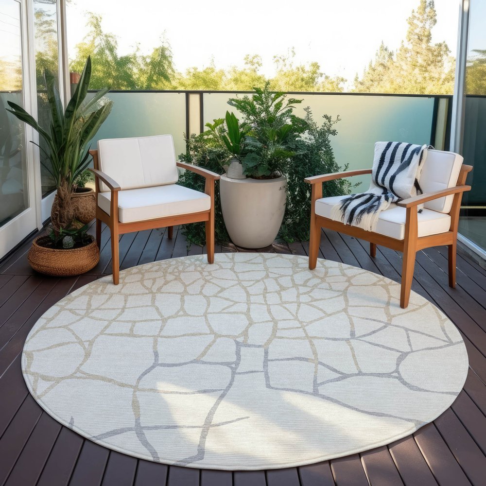3' X 5' Ivory And Beige Abstract Washable Indoor Outdoor Area Rug