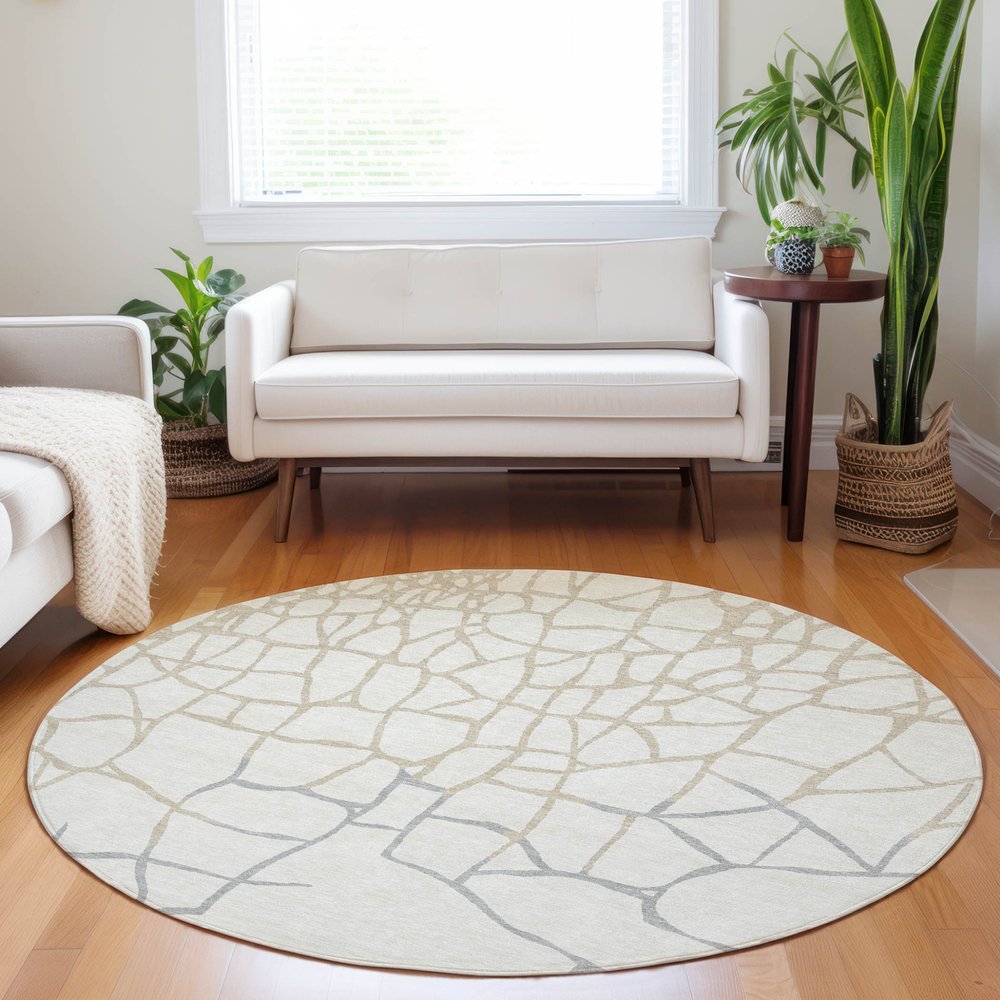 3' X 5' Ivory And Beige Abstract Washable Indoor Outdoor Area Rug