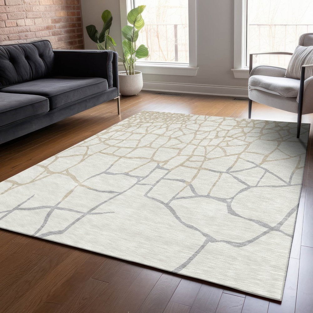 3' X 5' Ivory And Beige Abstract Washable Indoor Outdoor Area Rug
