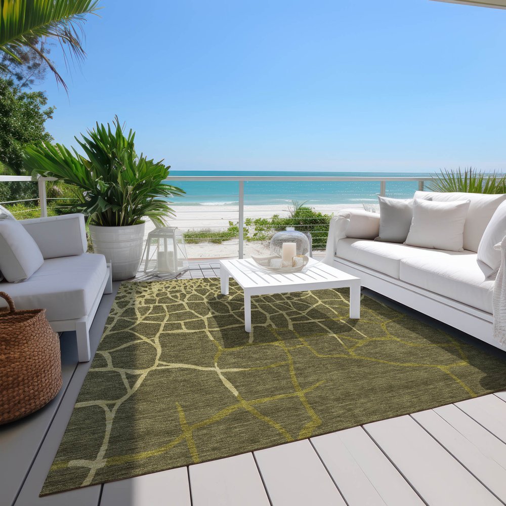 3' X 5' Olive Green And Dark Green Abstract Washable Indoor Outdoor Area Rug