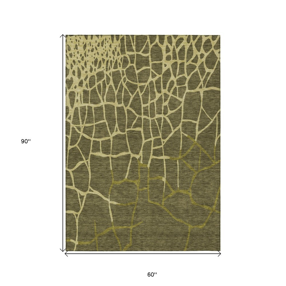 3' X 5' Olive Green And Dark Green Abstract Washable Indoor Outdoor Area Rug