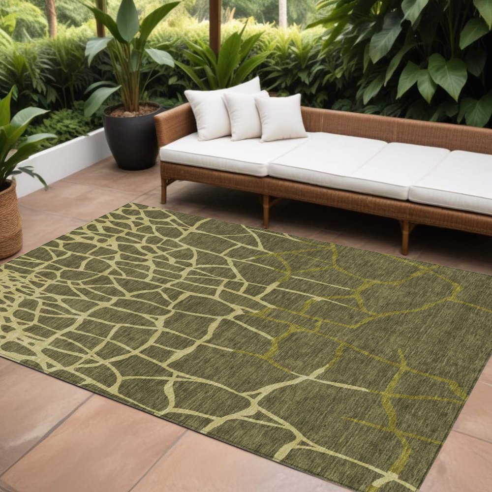 3' X 5' Olive Green And Dark Green Abstract Washable Indoor Outdoor Area Rug