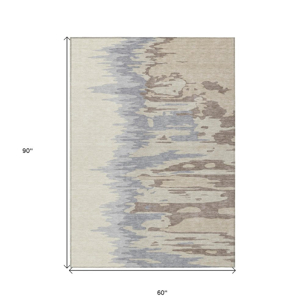 3' X 5' Beige Brown And Gray Abstract Washable Indoor Outdoor Area Rug