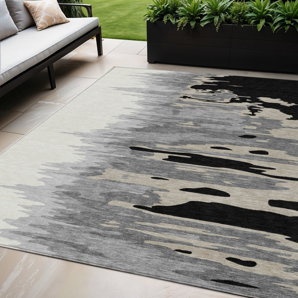 3' X 5' Black Gray And Ivory Abstract Washable Indoor Outdoor Area Rug