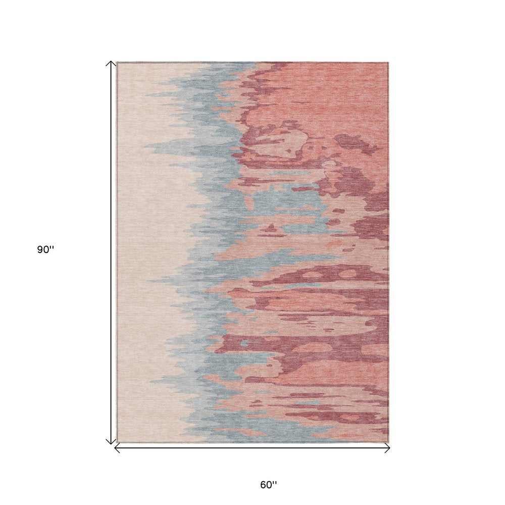 3' X 5' Coral Pink And Gray Abstract Washable Indoor Outdoor Area Rug