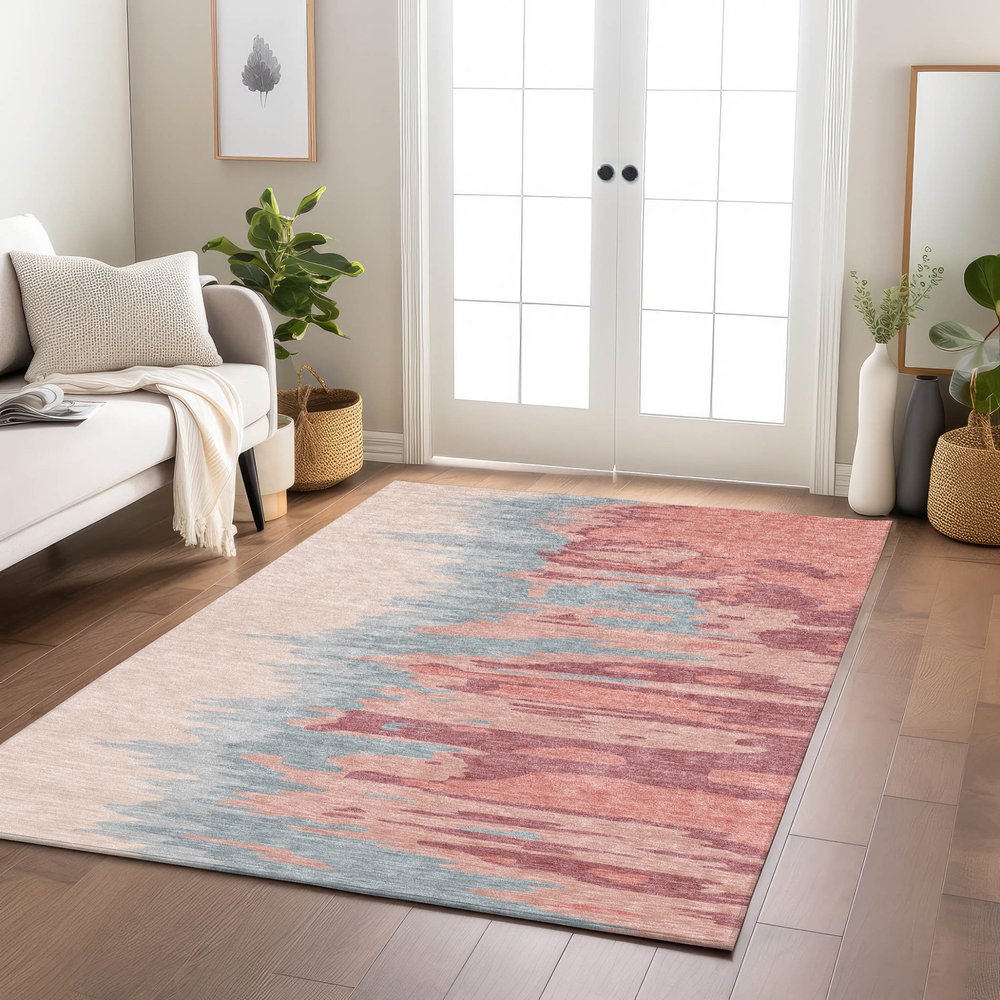 3' X 5' Coral Pink And Gray Abstract Washable Indoor Outdoor Area Rug