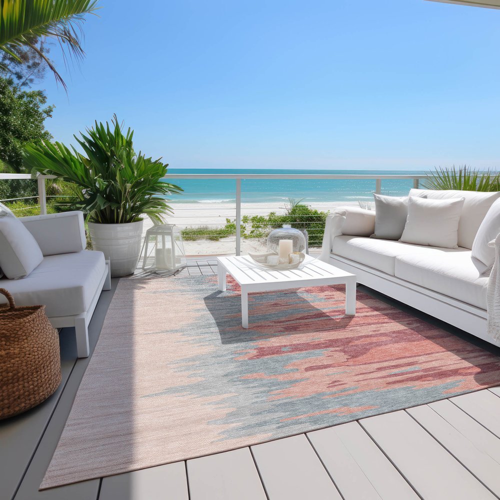 3' X 5' Coral Pink And Gray Abstract Washable Indoor Outdoor Area Rug