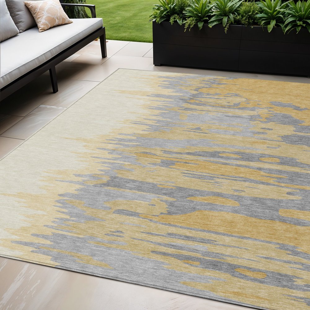 3' X 5' Gold Gray And Beige Abstract Washable Indoor Outdoor Area Rug