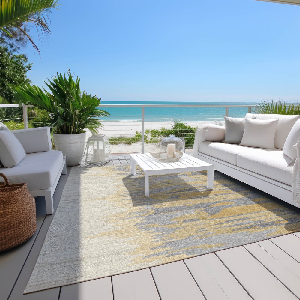 3' X 5' Gold Gray And Beige Abstract Washable Indoor Outdoor Area Rug