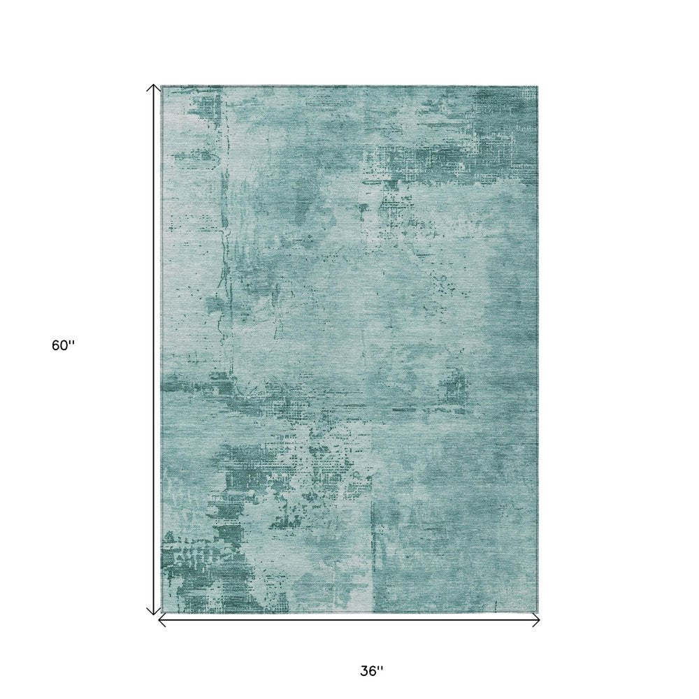 3' X 5' Teal Blue And Ivory Abstract Washable Indoor Outdoor Area Rug
