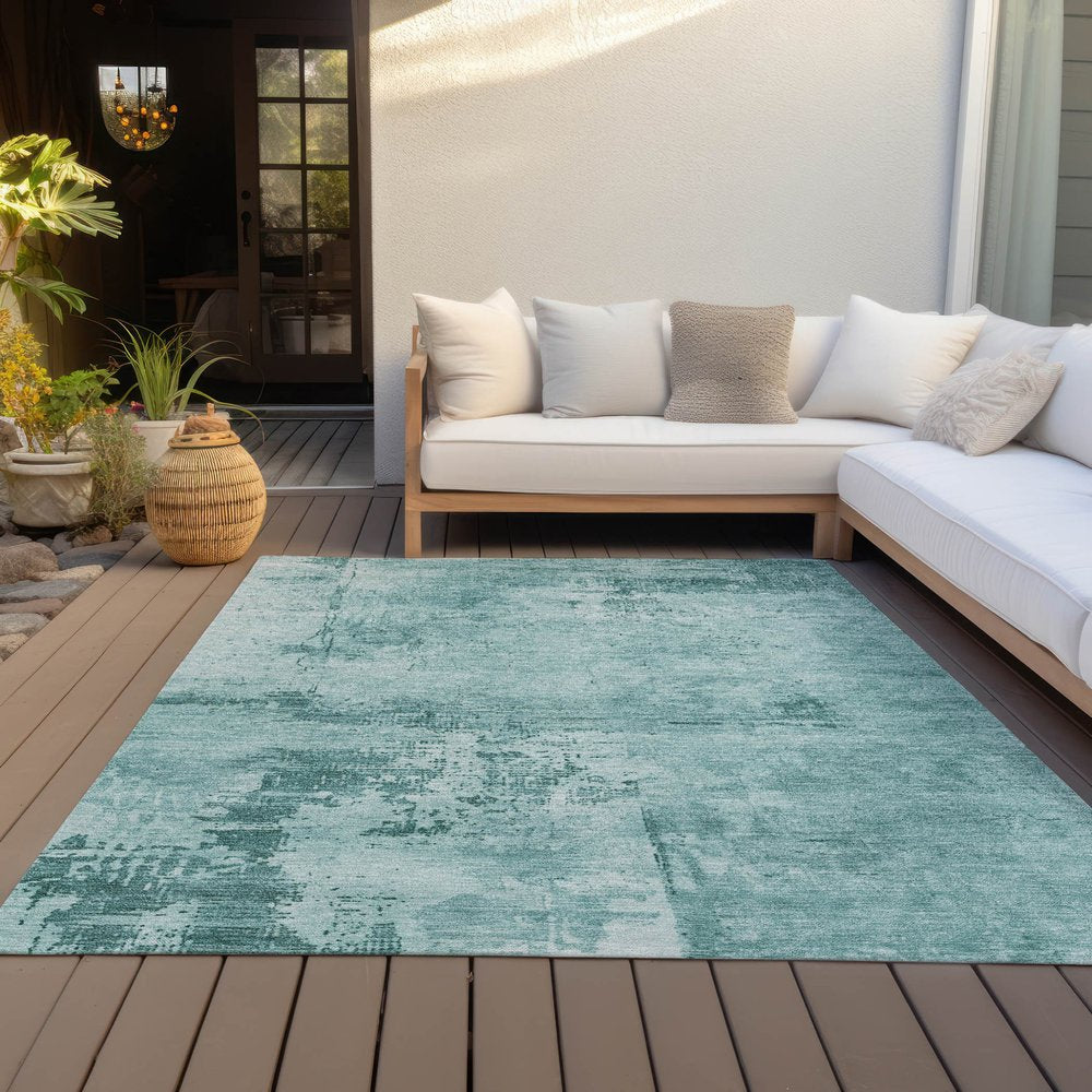 3' X 5' Teal Blue And Ivory Abstract Washable Indoor Outdoor Area Rug