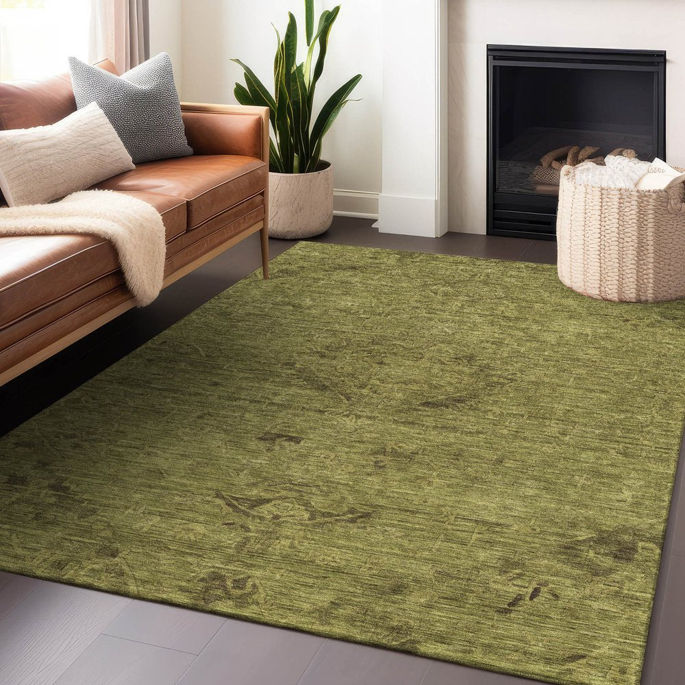 3' X 5' Olive Green And Brown Floral Washable Indoor Outdoor Area Rug