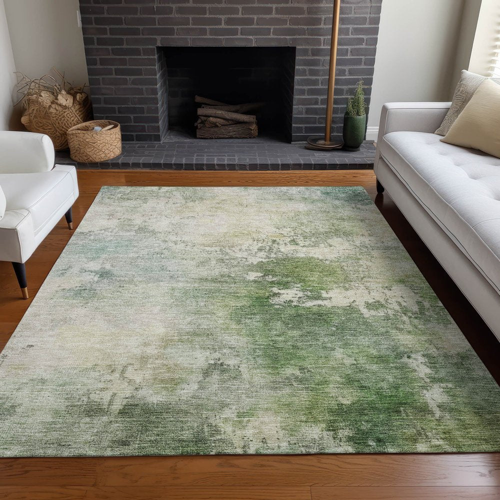 3' X 5' Artichoke Green And Ivory Abstract Washable Indoor Outdoor Area Rug