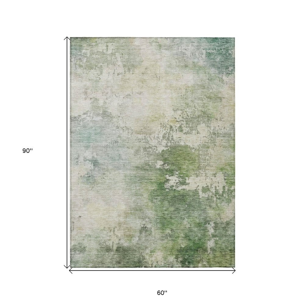 3' X 5' Artichoke Green And Ivory Abstract Washable Indoor Outdoor Area Rug