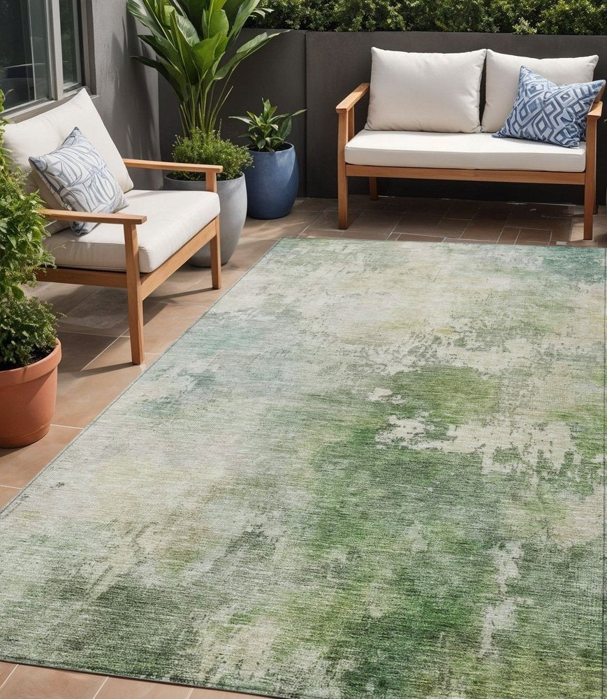 3' X 5' Artichoke Green And Ivory Abstract Washable Indoor Outdoor Area Rug