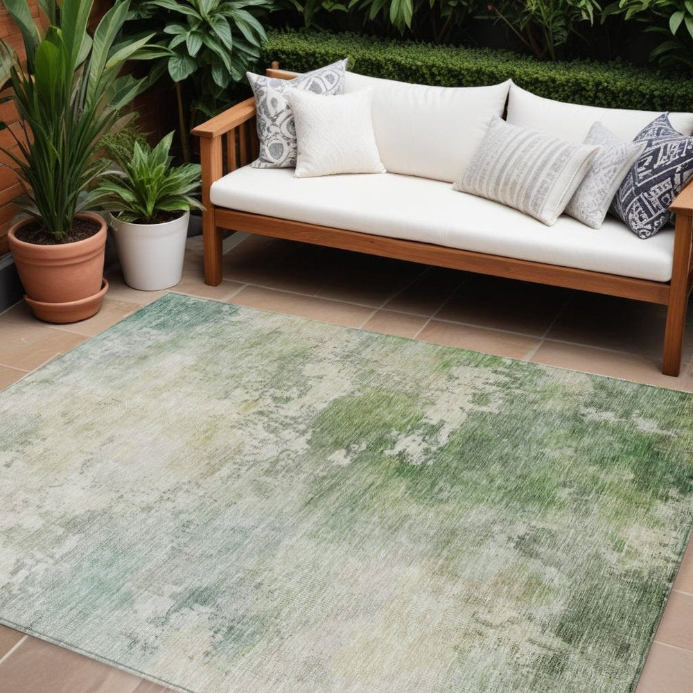 3' X 5' Artichoke Green And Ivory Abstract Washable Indoor Outdoor Area Rug