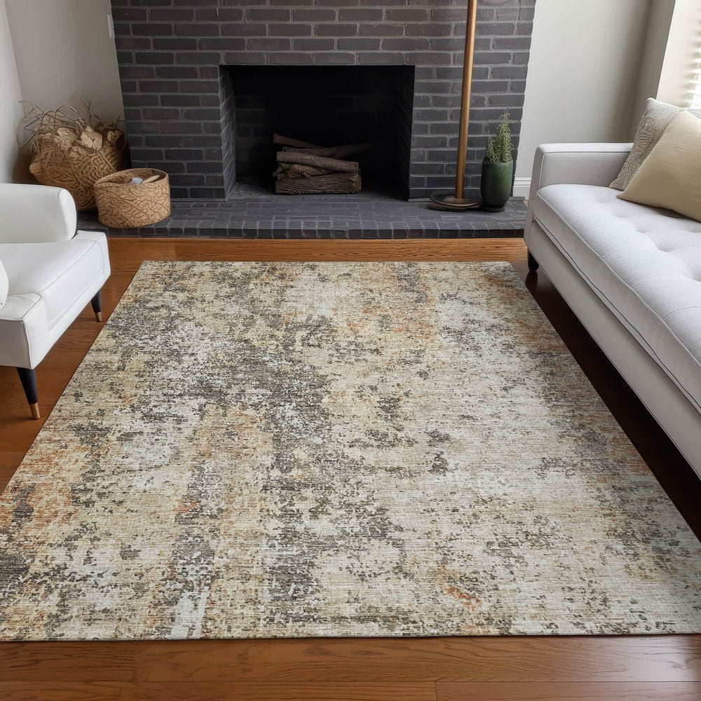3' X 5' Terra Cotta Beige And Dark Gray Abstract Washable Indoor Outdoor Area Rug