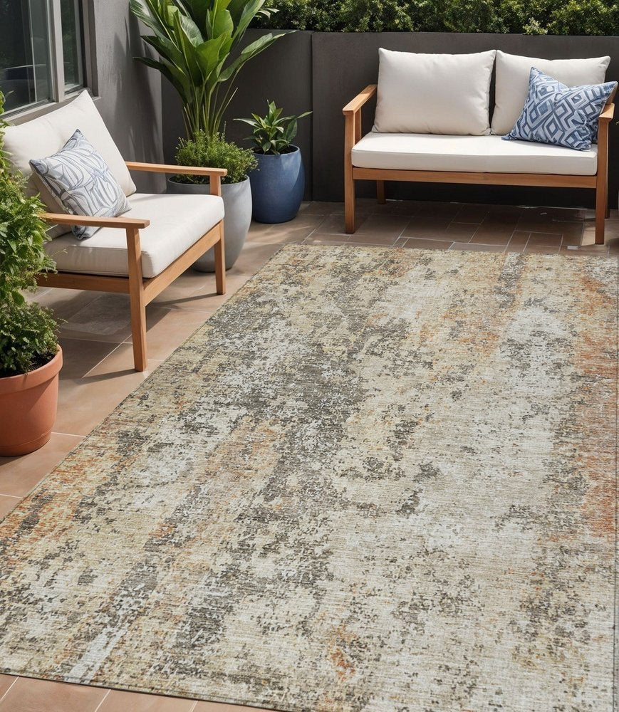 3' X 5' Terra Cotta Beige And Dark Gray Abstract Washable Indoor Outdoor Area Rug