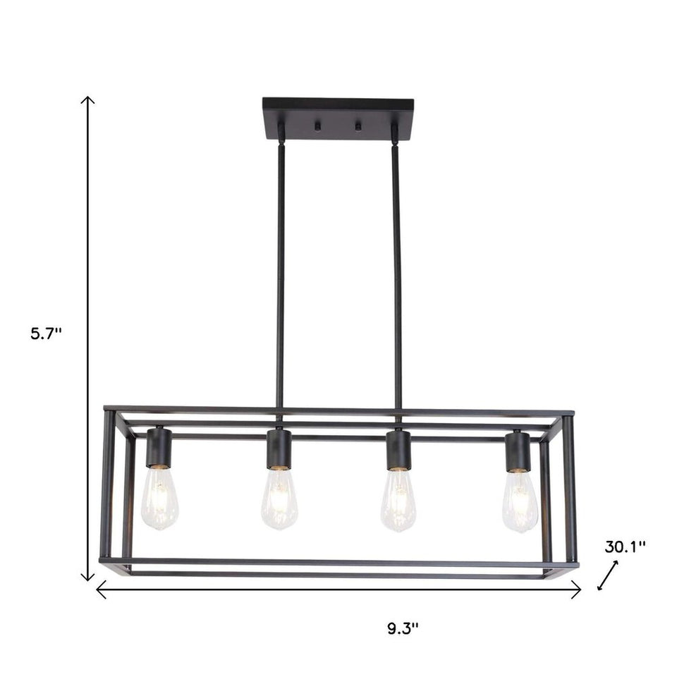 Black Metal Four Light Caged Rectangular Hanging Pendent Light