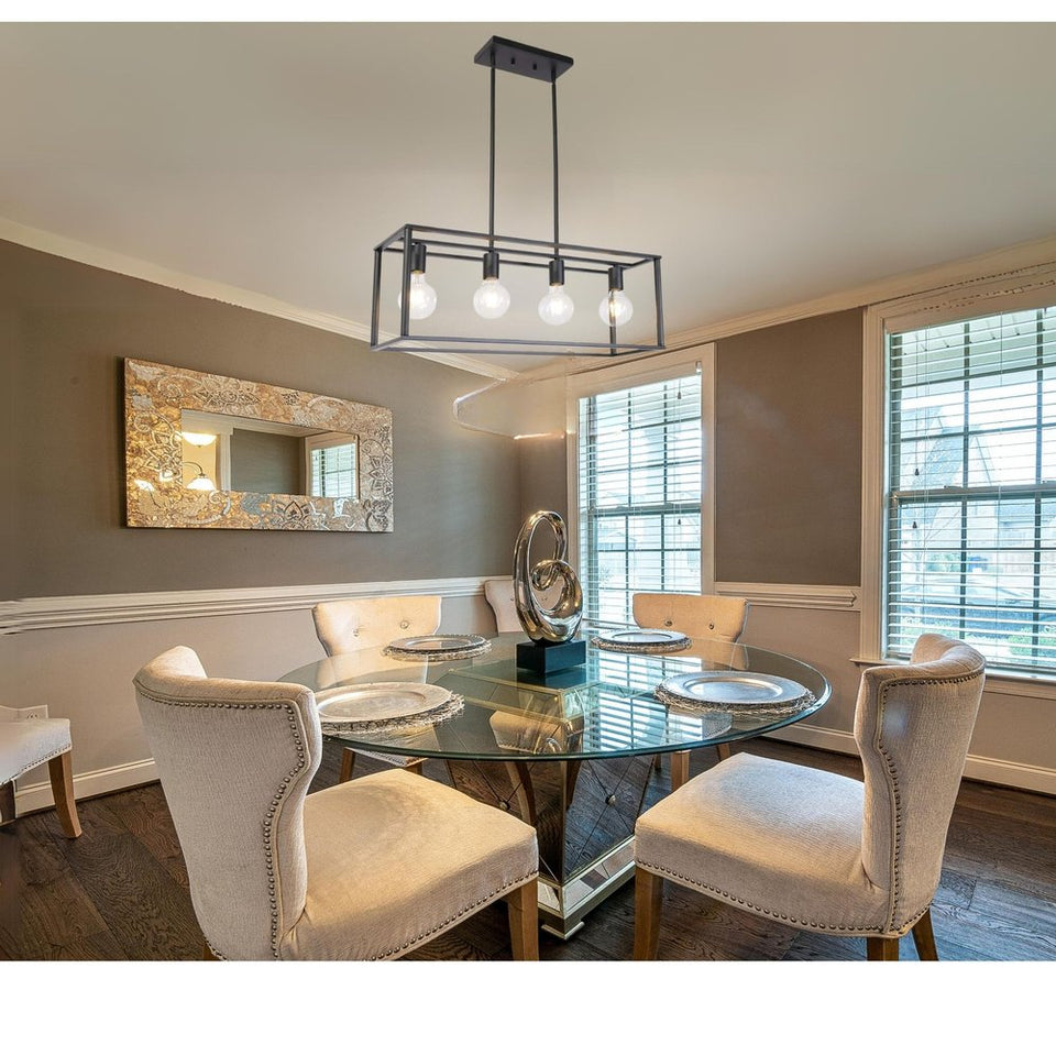 Black Metal Four Light Caged Rectangular Hanging Pendent Light