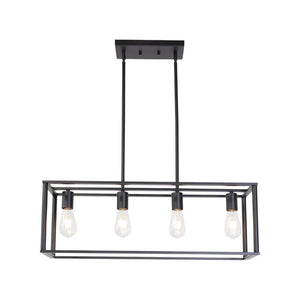 Black Metal Four Light Caged Rectangular Hanging Pendent Light