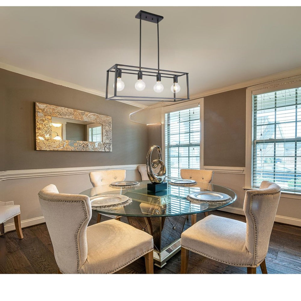 Black Metal Four Light Caged Rectangular Hanging Pendent Light