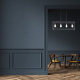 Black Metal Four Light Caged Rectangular Hanging Pendent Light