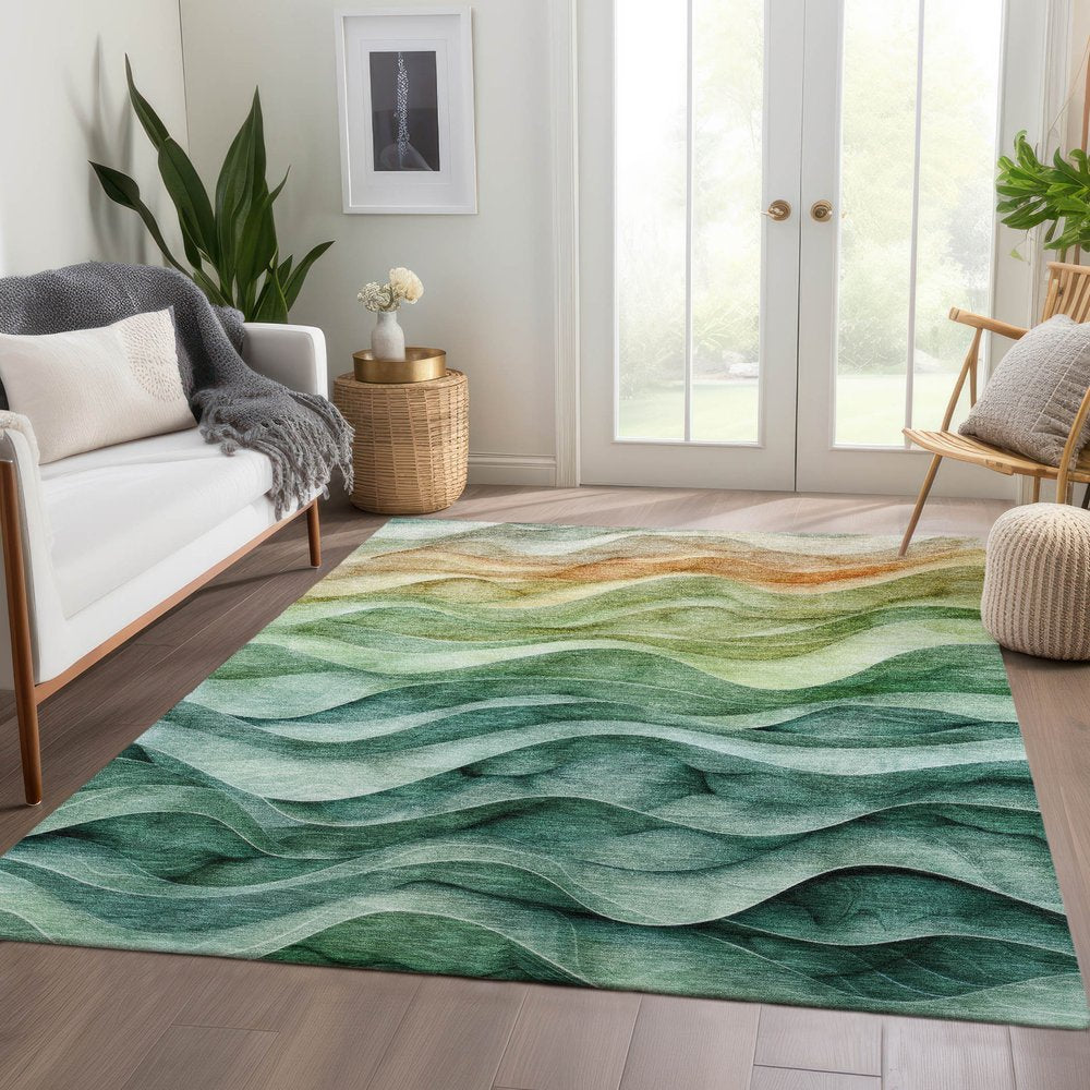 3' X 5' Teal Blue Abstract Washable Indoor Outdoor Area Rug