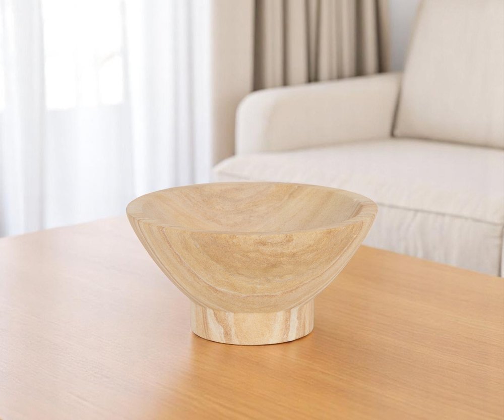 8" Beige Sandstone Round Pedestal Centerpiece Bowl